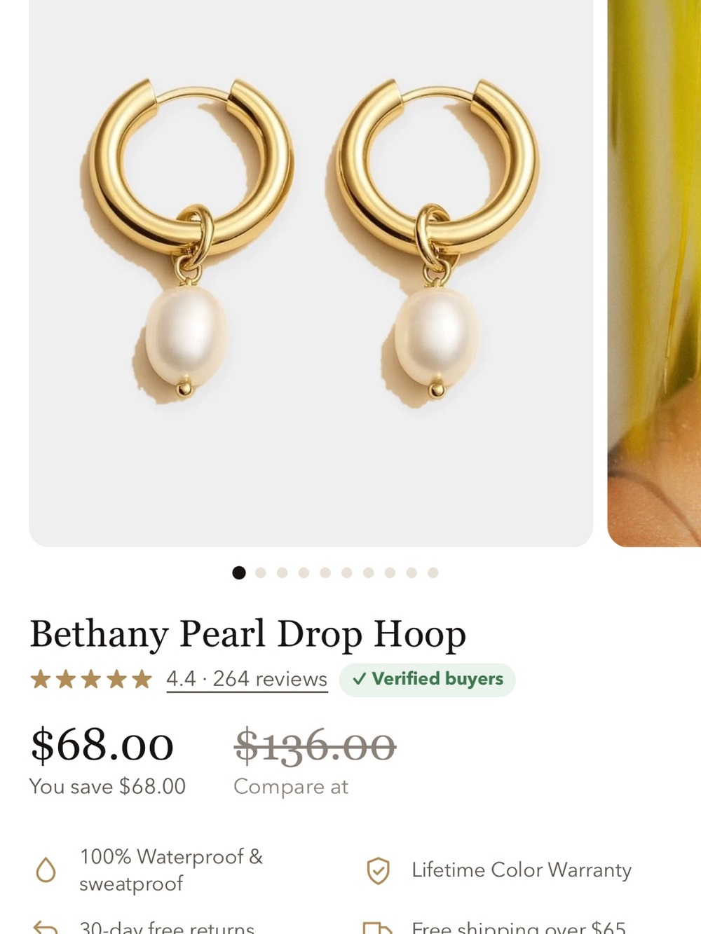 Bethany Pearl Drop Hoop Earrings - Gold with White Pearl